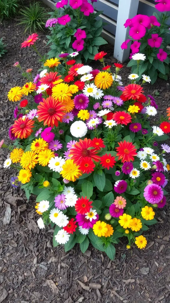 27 Creative Corner Landscaping Ideas for Your Garden 9 A vibrant flower bed filled with colorful flowers including red, yellow, and purple blooms, surrounded by green leaves and mulch.