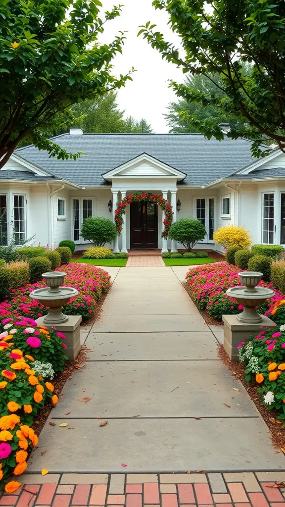 A landscaped driveway with colorful flower beds on either side, featuring vibrant blooms and greenery.