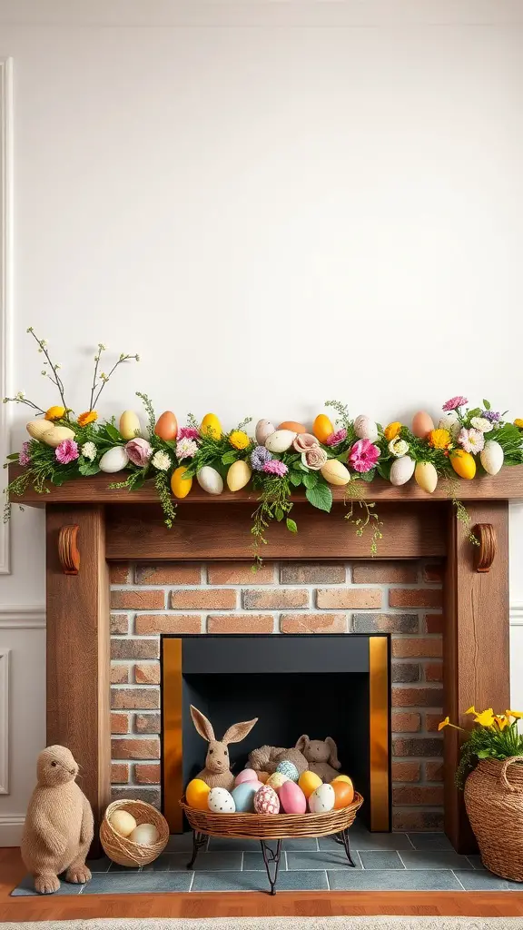 Colorful garland with eggs and flowers on a fireplace mantle, decorated with plush bunnies and baskets.