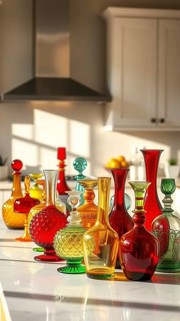 A collection of colorful glass vases and bottles displayed on a kitchen island.