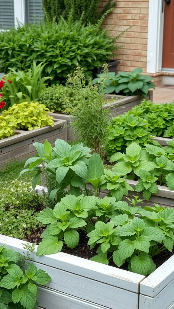 25 Stunning Front Yard Landscaping Ideas to Elevate Your Curb Appeal 26 Colorful herb garden with various green plants in raised beds