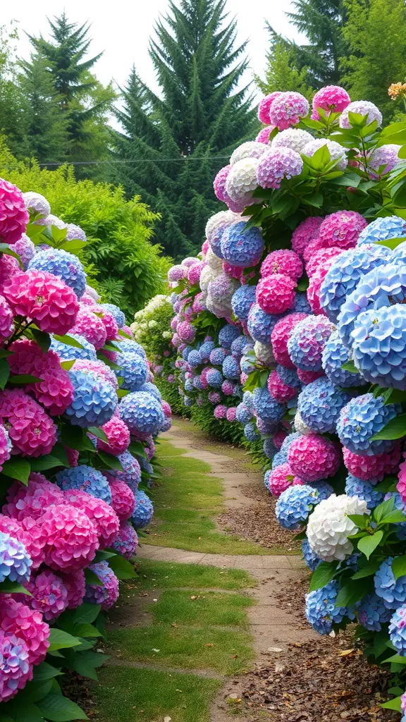 Pathway lined with colorful hydrangeas in shades of pink, blue, and white