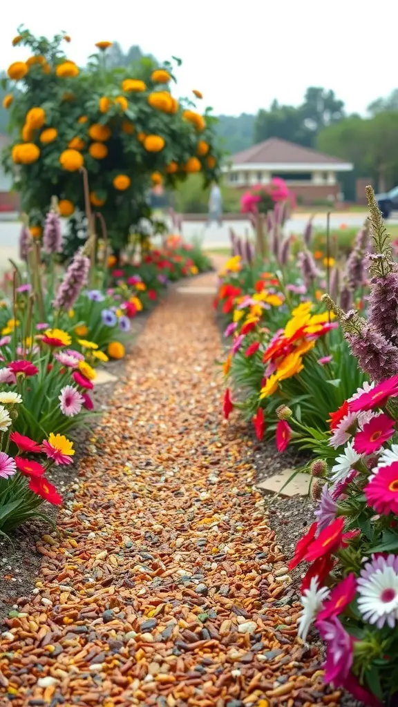 31 Creative Garden Walkway Ideas for Your Outdoor Space 19 A colorful mulch pathway lined with flowers in a garden.