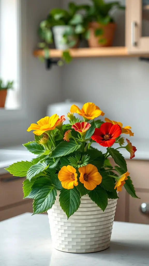 25 Beautiful Flowers Perfect for Container Gardening 12 Vibrant nasturtium flowers in a white woven pot, featuring red, yellow, and orange blooms