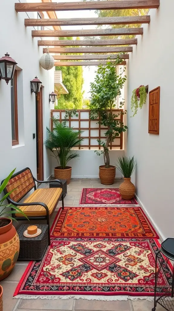 25 Creative Small Patio Ideas for Your Outdoor Space 11 A small patio with colorful outdoor rugs, potted plants, and seating arrangements.