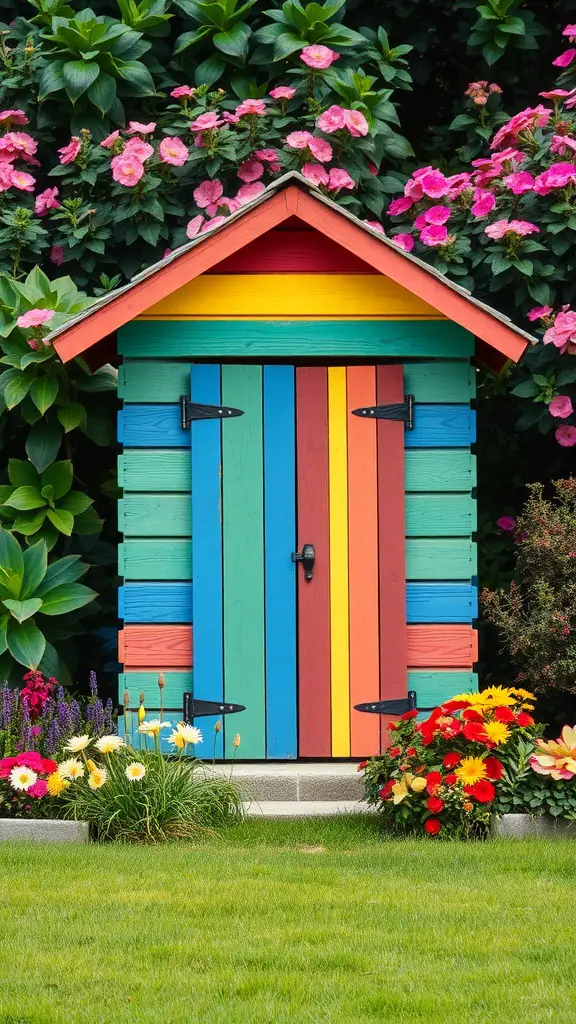 25 Creative Garden Shed Ideas for Your Outdoor Space 8 Colorful painted garden shed surrounded by vibrant flowers in a lush garden