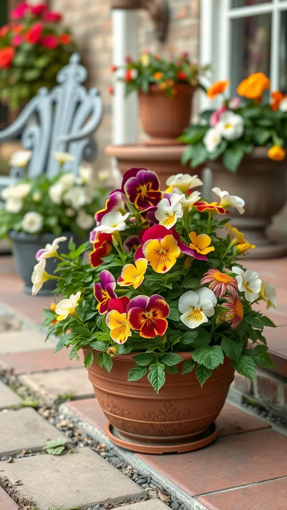 27 Stunning Potted Flowers Perfect for Your Patio 21 A vibrant collection of potted pansies in colorful hues on a patio.