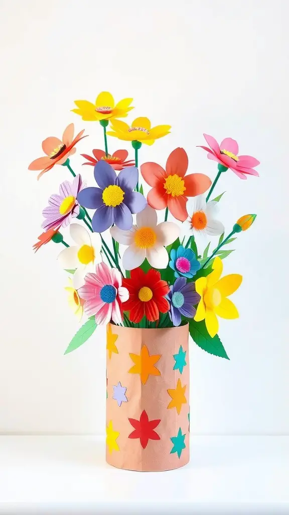 A bouquet of colorful paper flowers in a decorated container