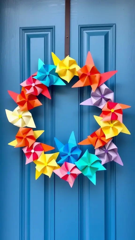 A vibrant, colorful paper pinwheel wreath hanging on a blue door, featuring assorted colors like red, yellow, blue, and orange.