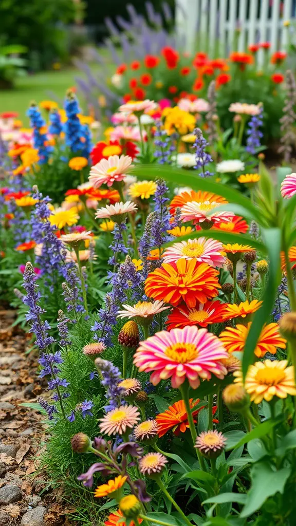 23 Stunning Perennial Garden Ideas to Transform Your Outdoor Space 2 A vibrant array of colorful flowers in a perennial garden border, featuring daisies, blue spikes, and mixed greenery.