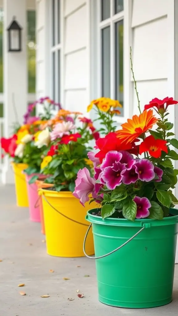 Colorful plastic buckets filled with vibrant flowers arranged on a porch