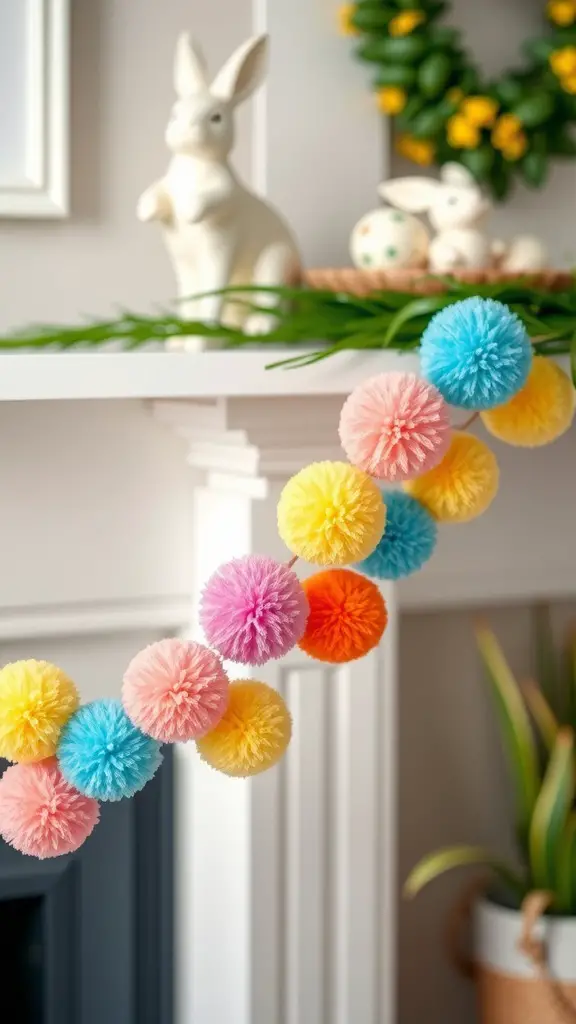 Colorful pom-pom garland on a mantel with decorative bunnies and Easter eggs.