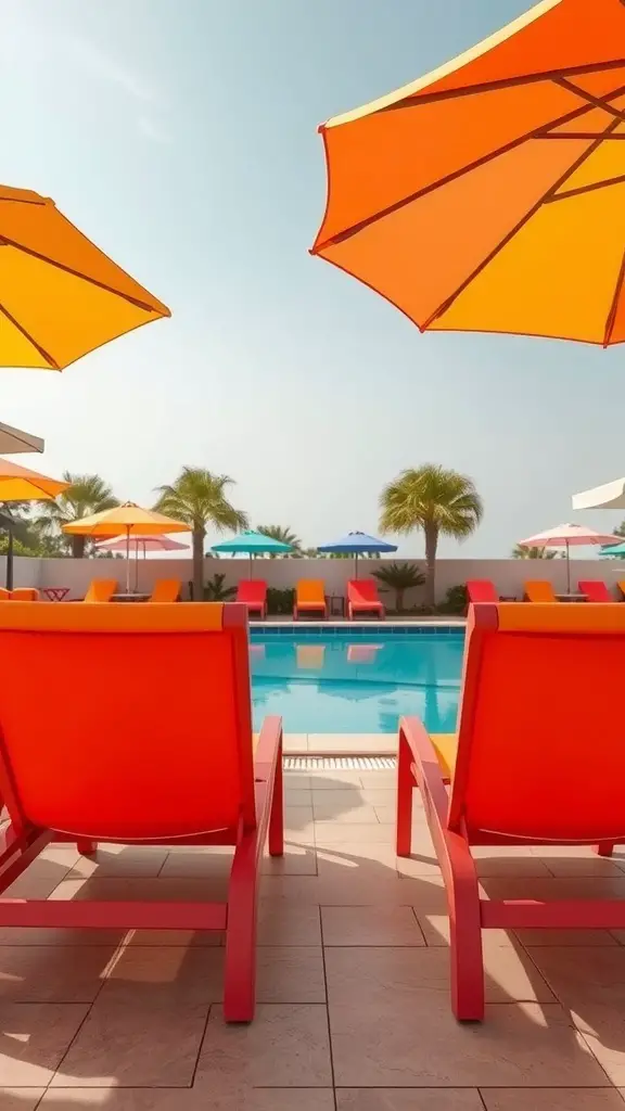 33 Creative Backyard Pool and Patio Ideas for Your Dream Outdoor Space 6 Colorful poolside lounge chairs with orange umbrellas and a pool in the background.