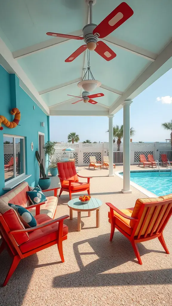 A colorful retro-themed pool pavilion with turquoise walls and red furniture.