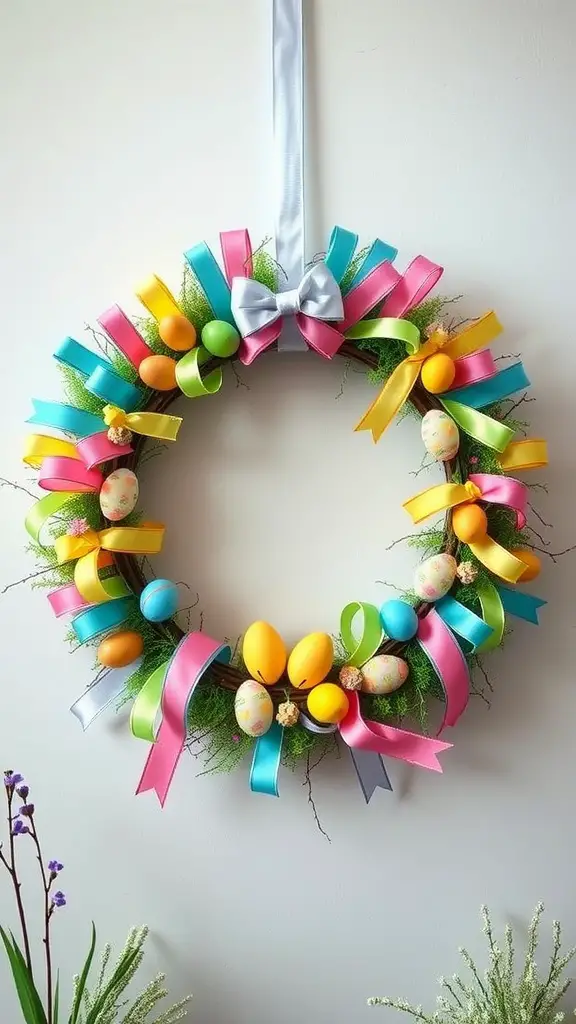 A colorful wreath made with ribbons, plastic eggs, and greenery, suitable for Easter decoration.