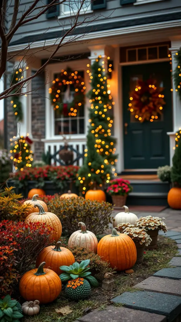 27 Stunning Front Garden Ideas to Transform Your Curb Appeal 21 A front garden decorated for fall with pumpkins, flowers, and lights.