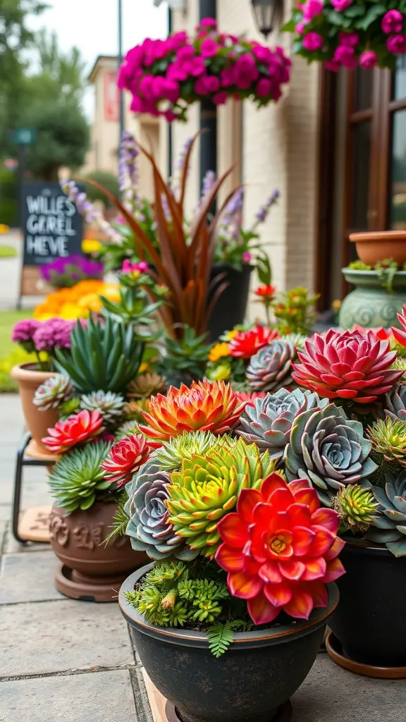 Colorful succulent arrangements in various pots outside a shop.