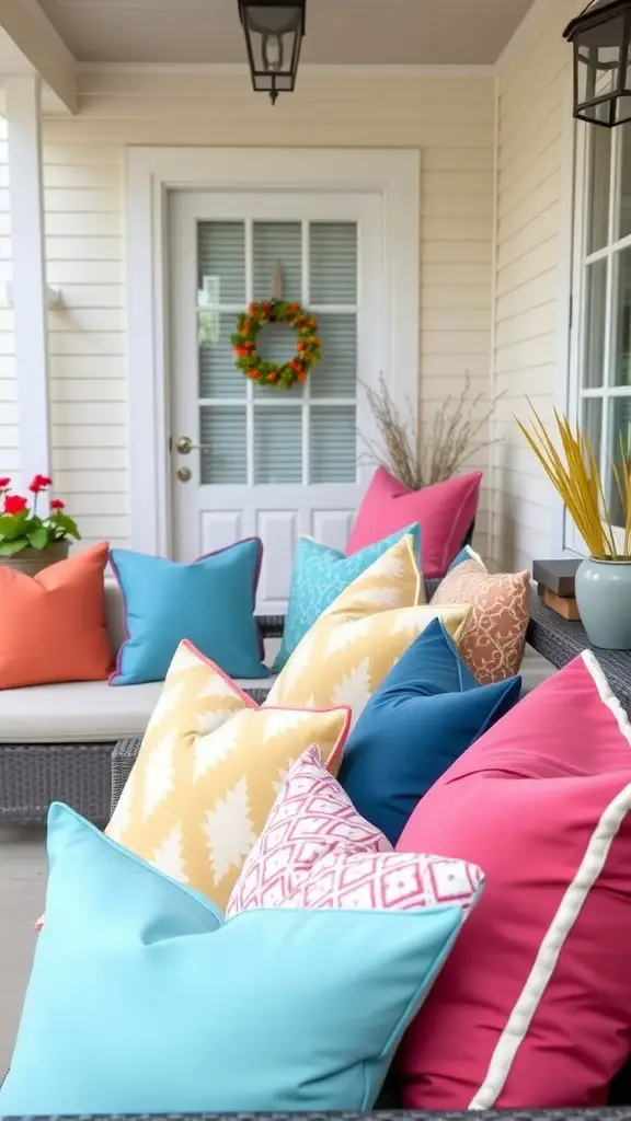 A collection of colorful throw pillows in vibrant shades of pink, blue, and yellow on a front patio.