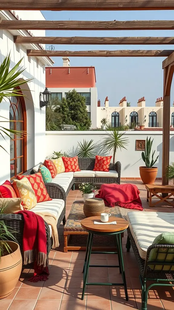 25 Stunning Outdoor Terrace Ideas to Transform Your Space 18 Outdoor terrace with colorful throw pillows and blankets on sofas, enhancing comfort and style.