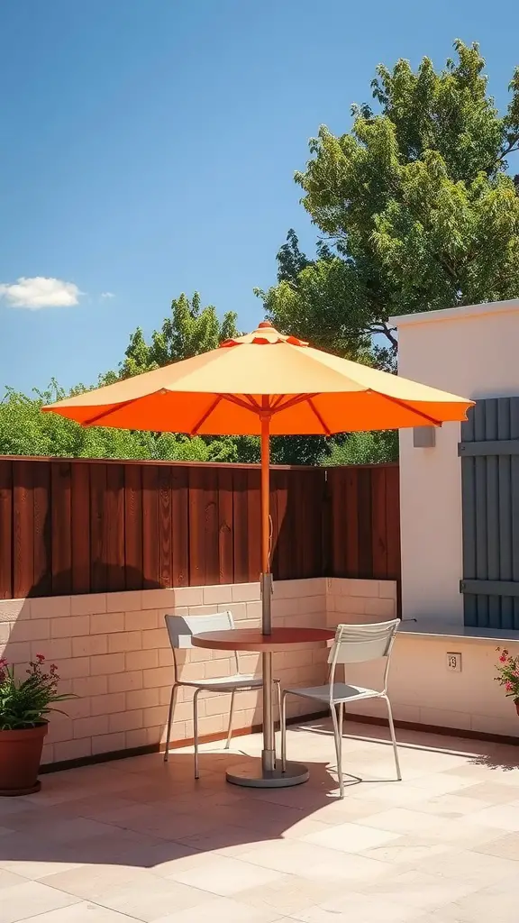 A bright orange umbrella providing shade over a small patio table and chairs, surrounded by greenery.