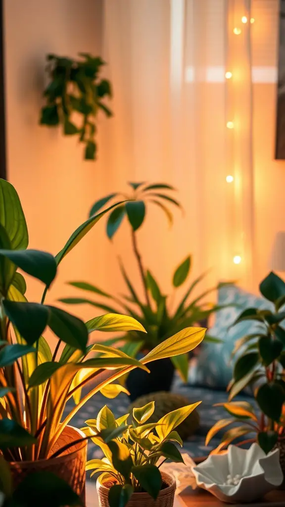 A cozy bedroom scene with vibrant plants illuminated by warm lighting.