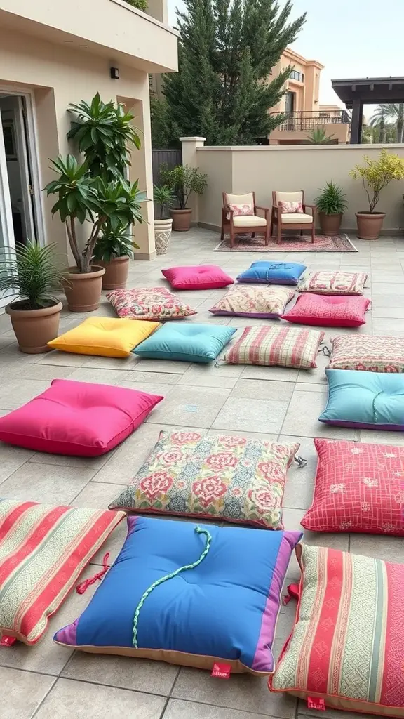 Colorful floor cushions arranged on a patio, creating a cozy seating area