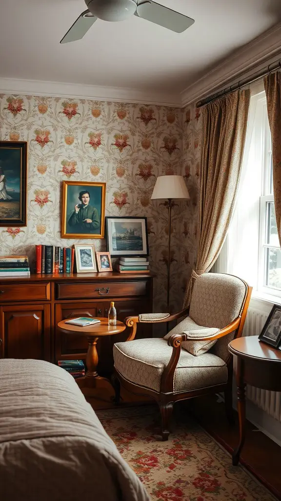 A vintage-inspired reading nook featuring a stylish armchair, wooden furniture, and decorative artwork.