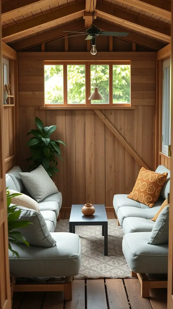 27 Stunning Garden Shed Interiors to Inspire Your Outdoor Space 24 Cozy lounge area in a wooden garden shed with soft seating, a coffee table, and plants.