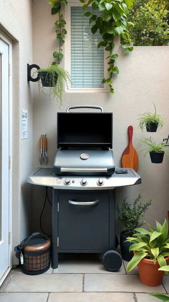 25 Creative Small Patio Ideas for Your Outdoor Space 27 A compact barbecue station on a small patio, featuring a grill surrounded by plants and grilling accessories.