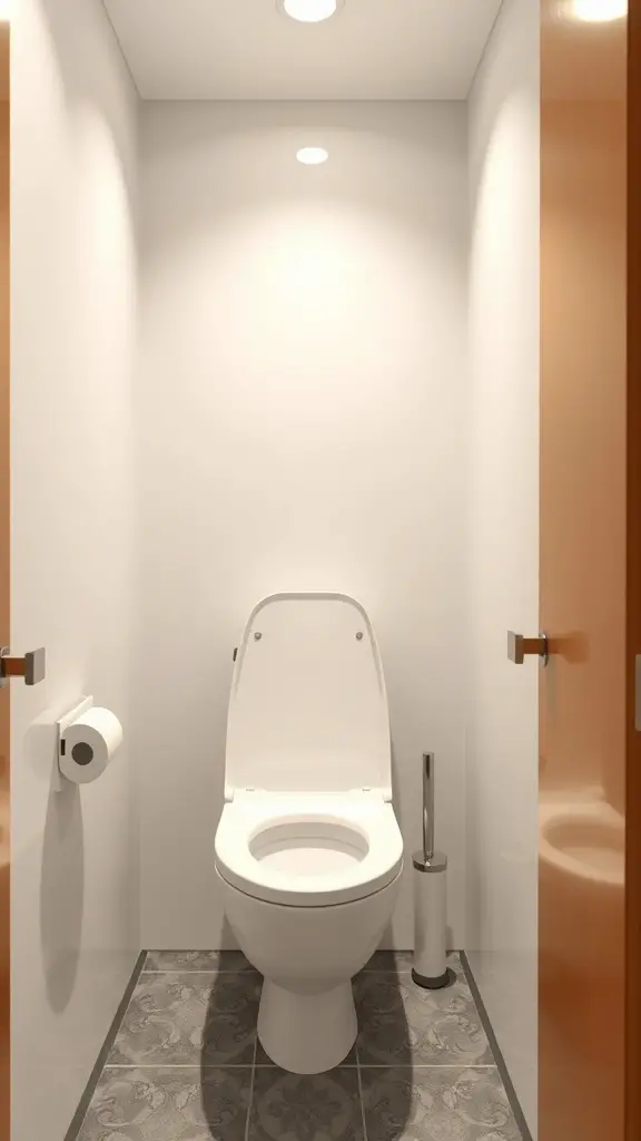 A small toilet room featuring a compact toilet, toilet paper holder, and stylish floor tiles.