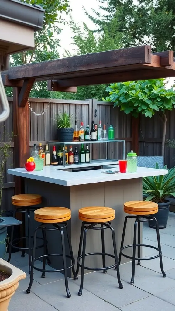 35 Creative Backyard Kitchen Ideas for Outdoor Cooking Enthusiasts 4 Compact outdoor bar with a marble countertop, wooden stools, and a variety of drinks on display.