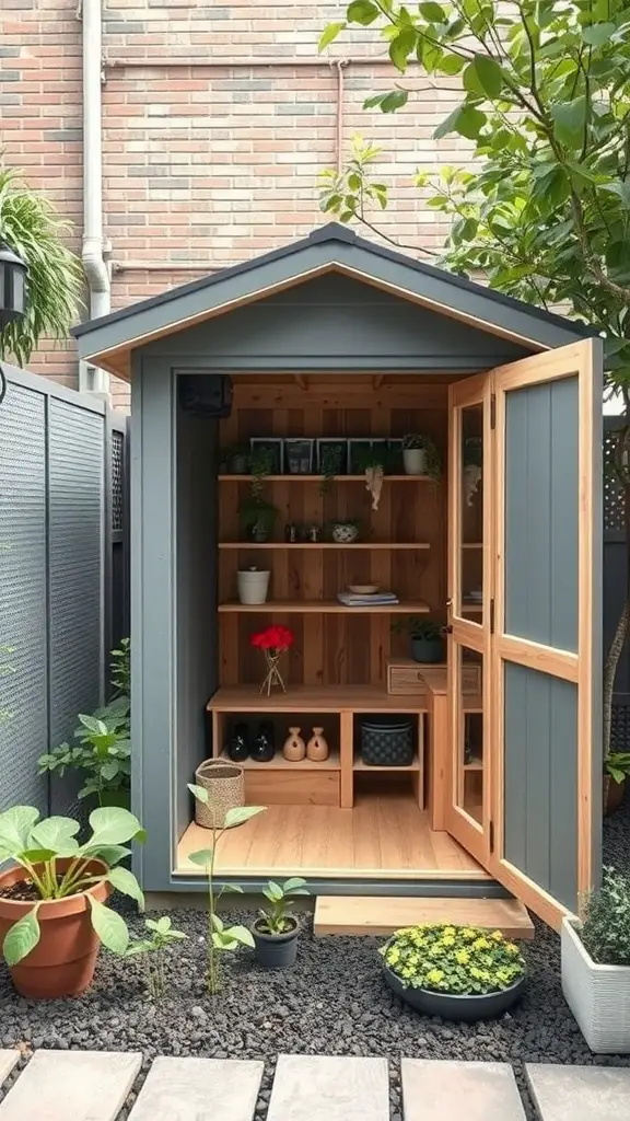 25 Creative Garden Shed Ideas for Your Outdoor Space 16 A compact urban garden shed with open doors, showcasing organized shelves and surrounded by potted plants.
