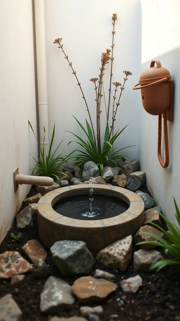 A compact water feature in a narrow side yard, surrounded by stones and plants.