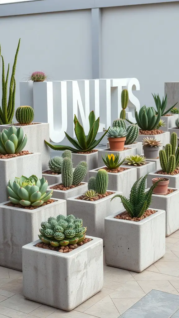 A modern display of succulent plants in concrete block planters