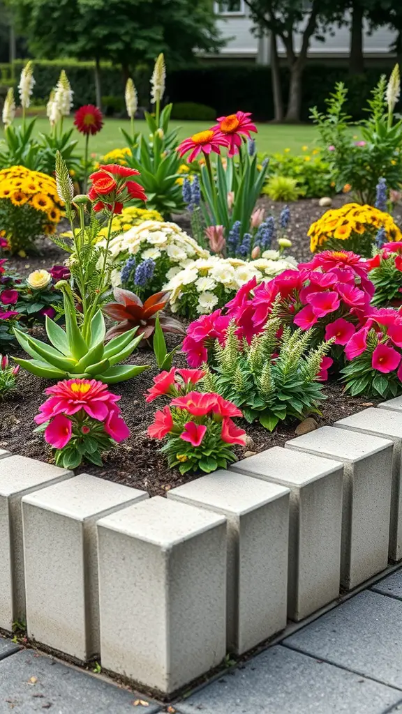 A flowerbed bordered with concrete blocks showcasing vibrant flowers in various colors.