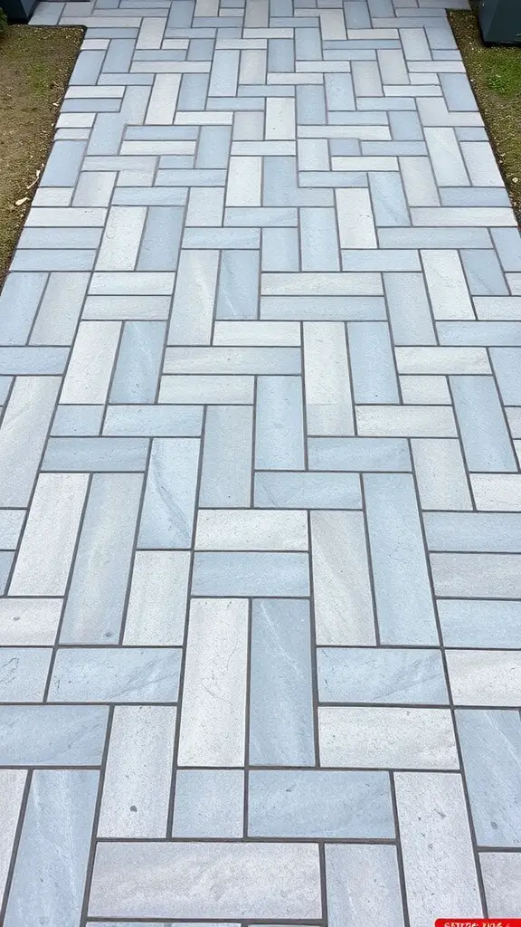 A modern driveway featuring a stylish pattern of concrete pavers.