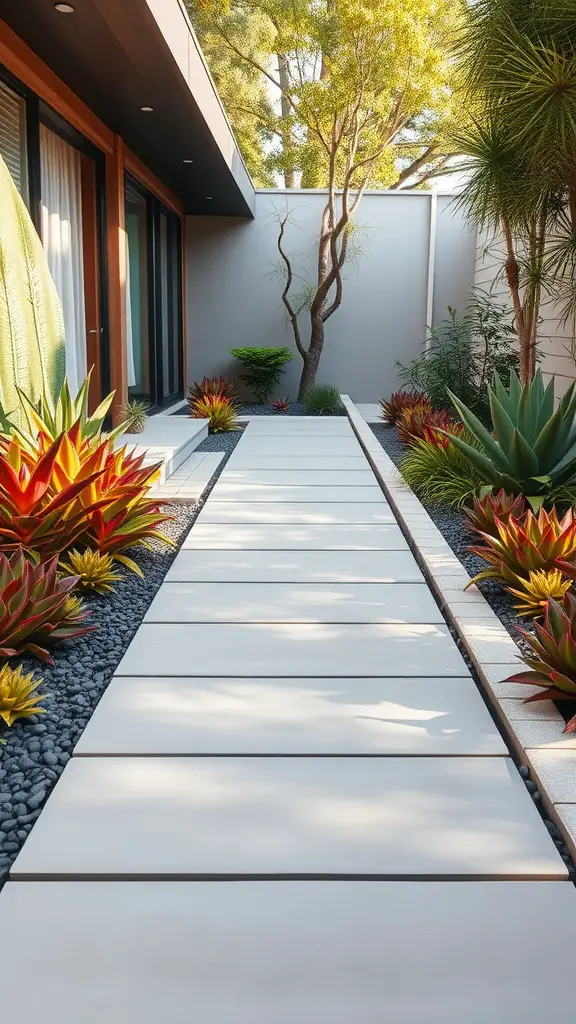 31 Creative Garden Walkway Ideas for Your Outdoor Space 11 A modern concrete slab walkway bordered by vibrant succulents, showcasing a clean and inviting garden path.