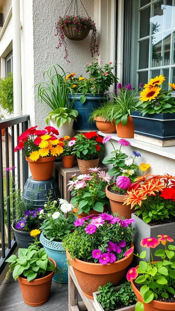 33 Creative Backyard Garden Ideas You Need to Try 2 A colorful display of various potted plants and flowers on a balcony, illustrating container gardening in a small space.