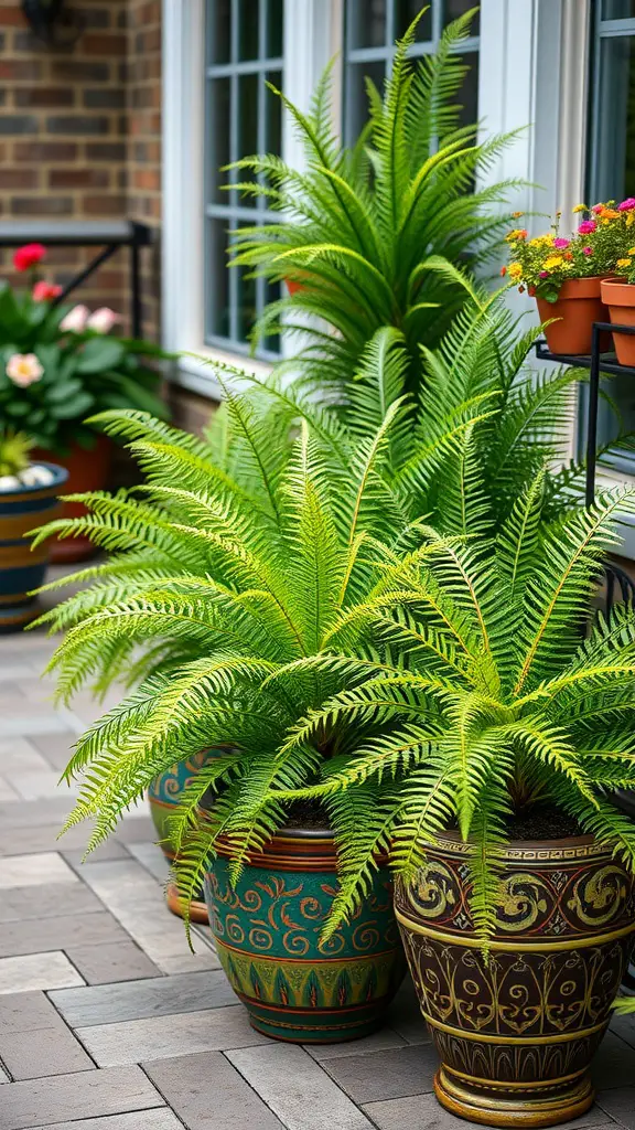 Container gardening with foxtail ferns in decorative pots.