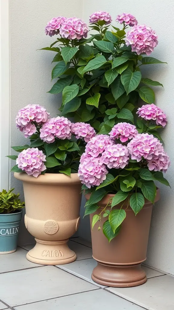 Two pots of pink hydrangeas on a patio, showcasing their vibrant blooms.