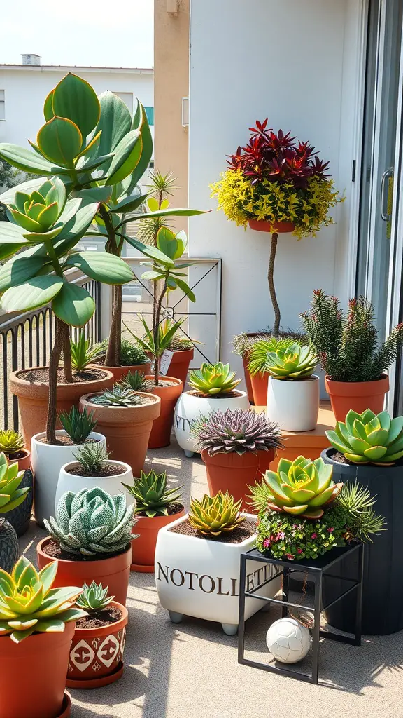 A variety of potted succulents arranged on a balcony, showcasing diverse shapes and colors.