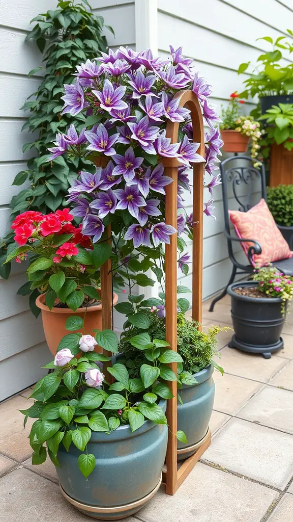 21 Stunning Clematis Trellis Ideas for Your Garden 16 A container trellis arrangement featuring clematis and other vibrant plants.