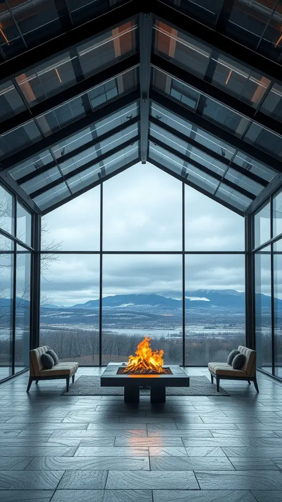 A contemporary glass pavilion featuring a fireplace and stunning mountain views.