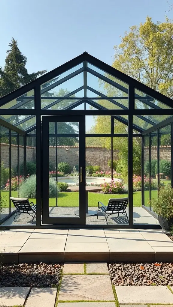 25 Creative Garden Shed Ideas for Your Outdoor Space 19 A contemporary glass shed with a black frame, surrounded by a green garden and flower beds