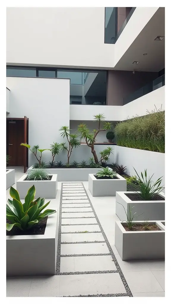 A contemporary minimalist garden design with geometric planters and a stone pathway.