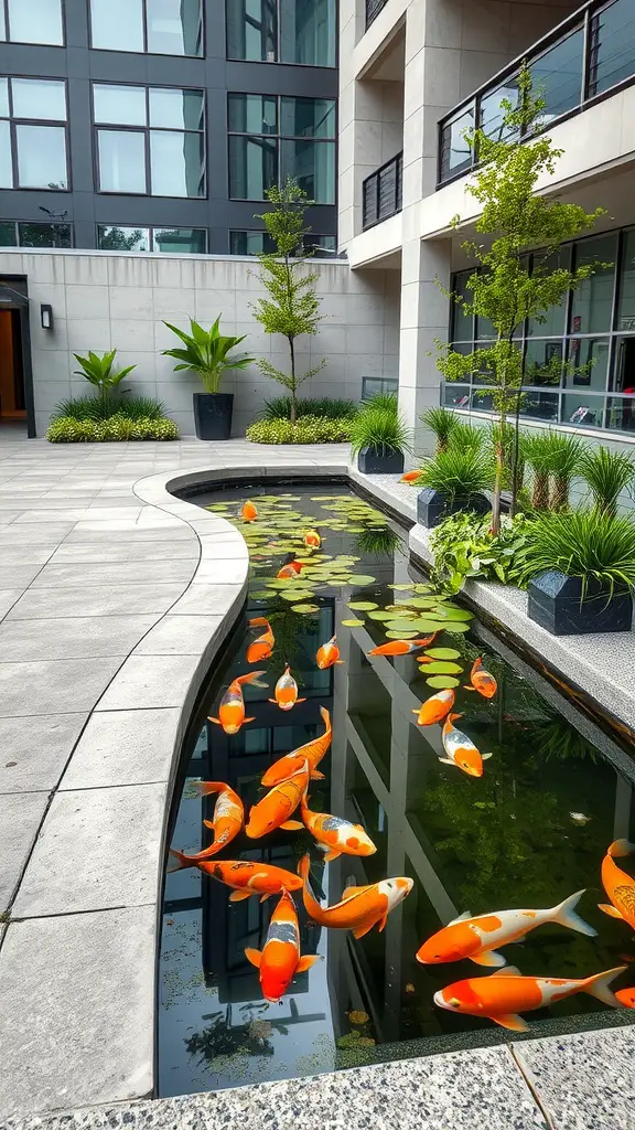 A contemporary urban koi pond featuring vibrant koi fish, surrounded by modern architecture and greenery.