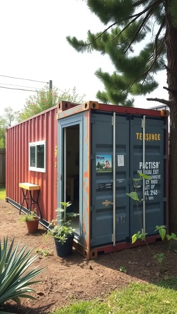 29 Creative Garden Shed Ideas for Every Backyard 2 A converted shipping container used as a garden shed, surrounded by plants.