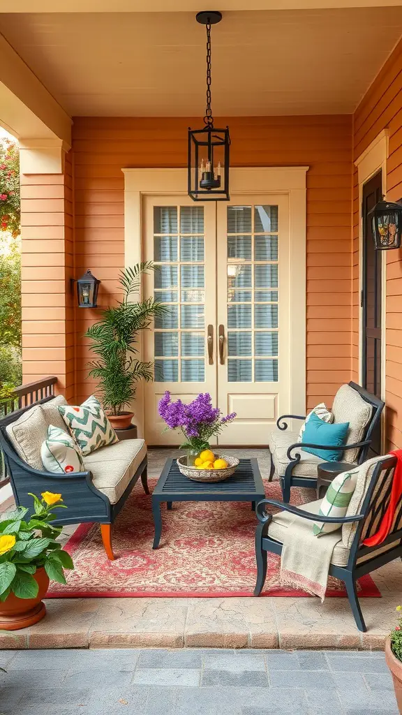 Cozy front patio with coordinated colors, featuring a warm orange wall, dark furniture, and vibrant flowers.