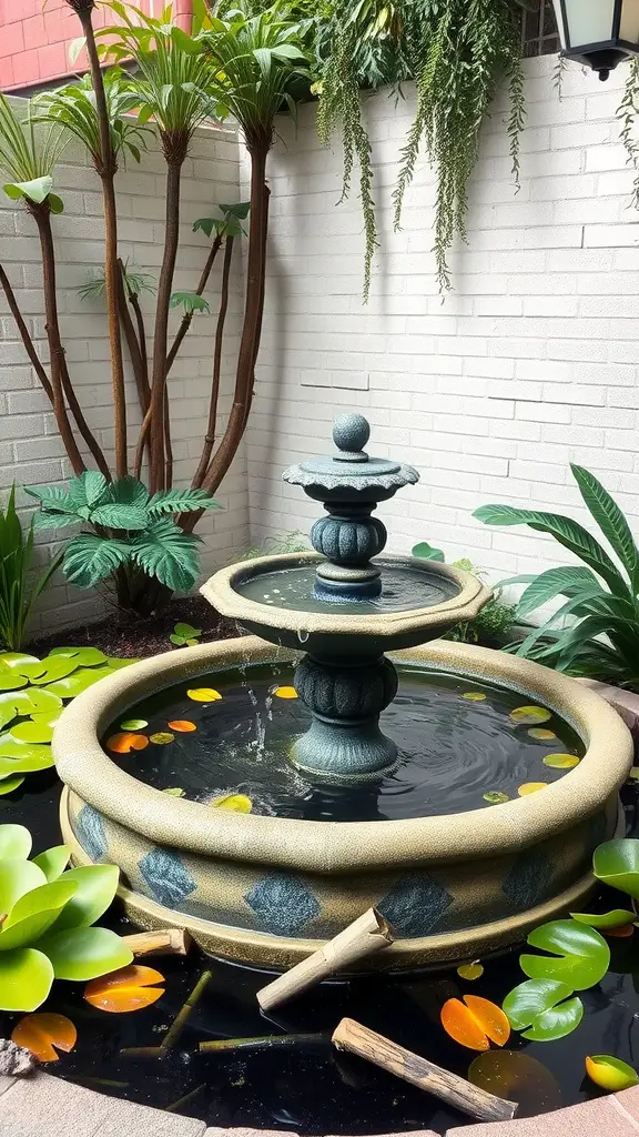27 Creative Corner Landscaping Ideas for Your Garden 5 A charming corner fountain surrounded by lush green plants and colorful water lilies.