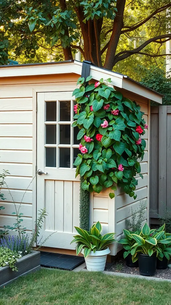 27 Creative Corner Landscaping Ideas for Your Garden 27 A corner shed adorned with a vertical garden featuring lush green leaves and colorful flowers.